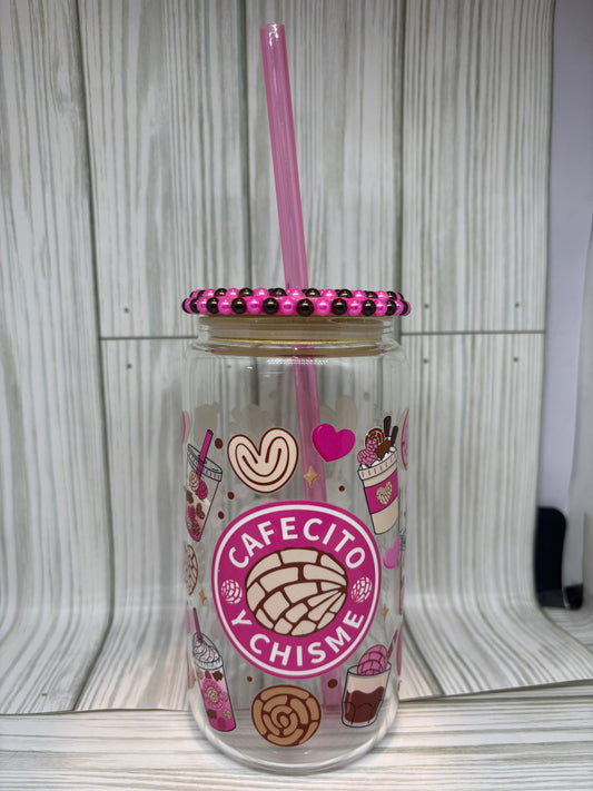 16oz Glass Libby Cafecito & Chisme with Bling Lid