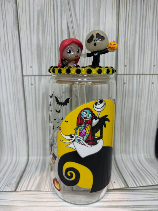 16oz Glass Libby Style Glass Can Can with Jack and Sally