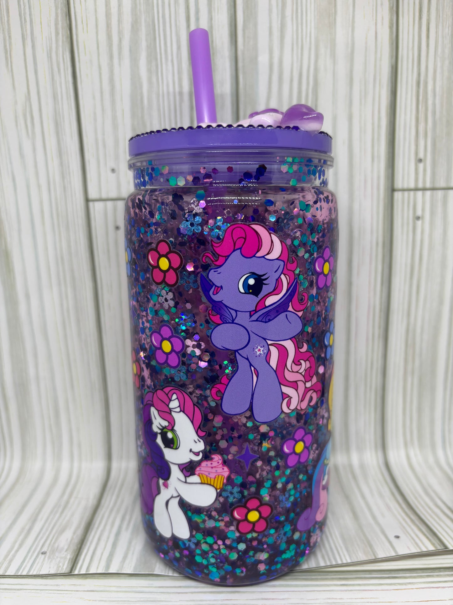 16oz Suspended Glitter Pony Snow Globe Tumbler