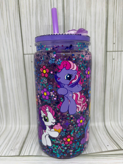 16oz Suspended Glitter Pony Snow Globe Tumbler