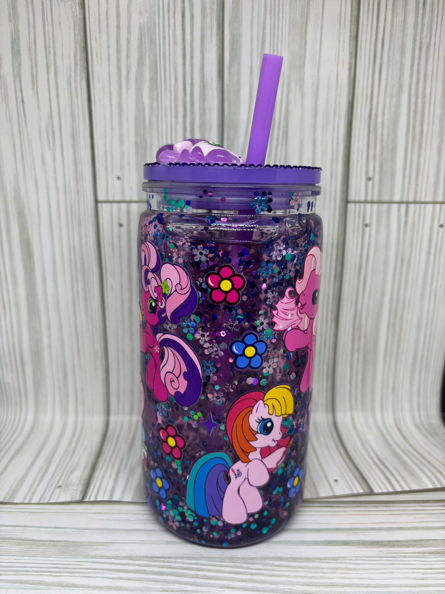 16oz Suspended Glitter Pony Snow Globe Tumbler