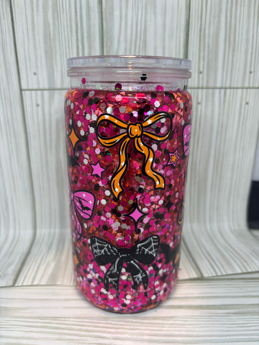 16oz Acrylic Suspended Flow Pink Glitter Halloween Bows