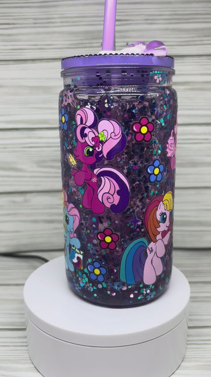 16oz Suspended Glitter Pony Snow Globe Tumbler