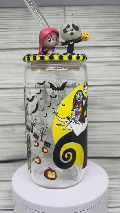 16oz Glass Libby Style Glass Can Can with Jack and Sally