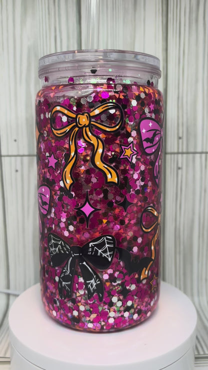 16oz Acrylic Suspended Flow Pink Glitter Halloween Bows