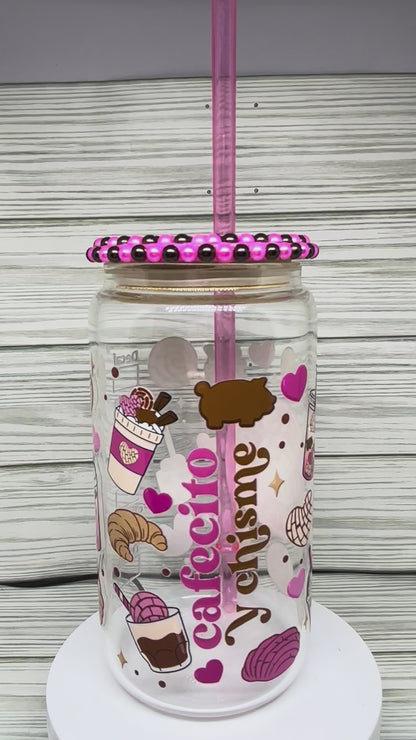 16oz Glass Libby Cafecito & Chisme with Bling Lid